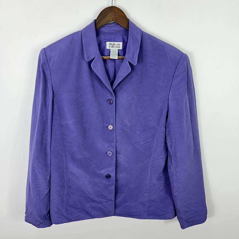 Style & Co Collection Blazer Womens 16 Purple 100% Silk Lined Career Chic Retro